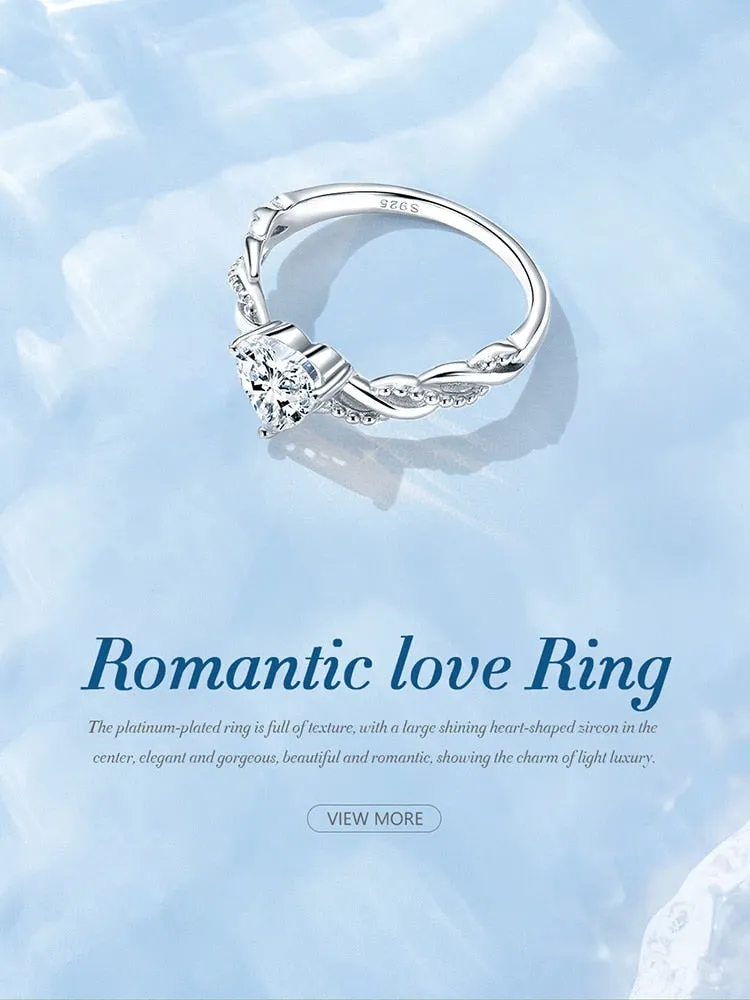 925 Sterling Silver Shining Heart Stone Romantic Love Ring for Women