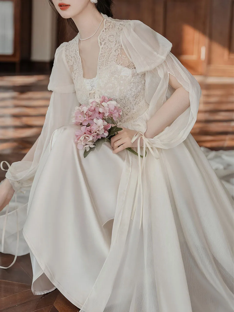 Apricot Lace Lantern Sleeves Romantic Wedding Dress with Tail Inspired By Sleeping Beauty