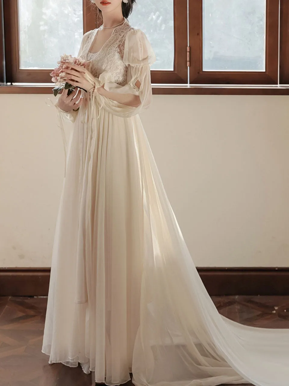 Apricot Lace Lantern Sleeves Romantic Wedding Dress with Tail Inspired By Sleeping Beauty