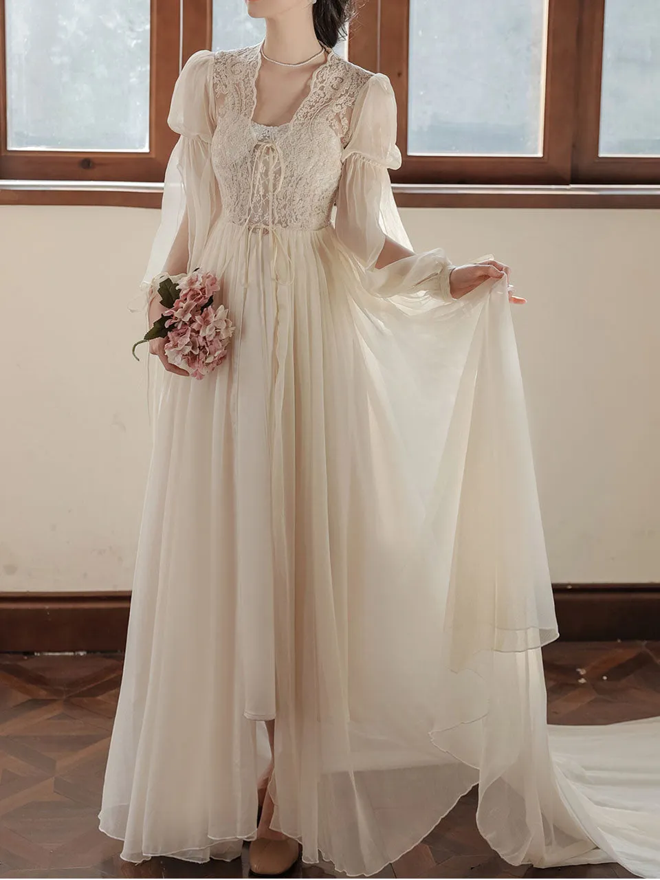 Apricot Lace Lantern Sleeves Romantic Wedding Dress with Tail Inspired By Sleeping Beauty