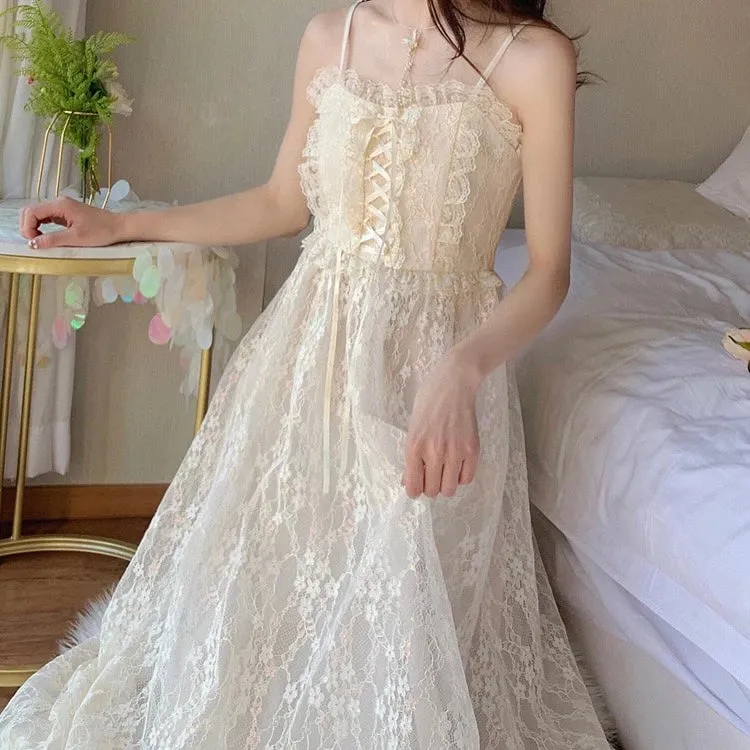 Attic Tales Floral Lace Vintage-Aesthetic Romantic Fairy Princess Dress