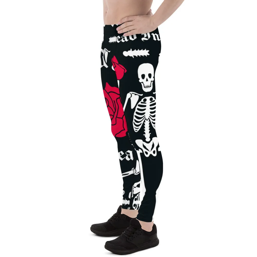 Black Skulls Romantic Men's Leggings, Rose Skull Leggings, Skull Leggings Men - Made in USA/EU/MX