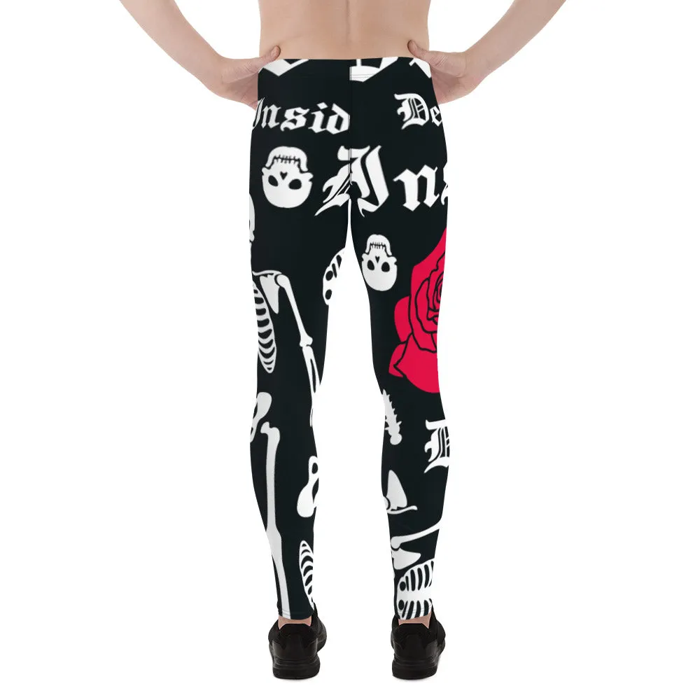 Black Skulls Romantic Men's Leggings, Rose Skull Leggings, Skull Leggings Men - Made in USA/EU/MX