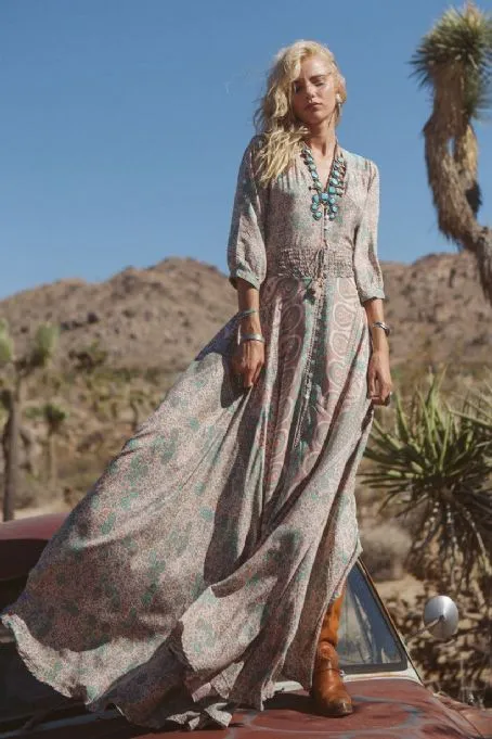 Boho Maxi Dress Floral Chiffon "Blossom" Thin Breezy Turquoise Tan Summer Gown 3/4 Peasant Sleeves Small Medium Large XL Or Plus Size 2X XXL Or 3X XXXL