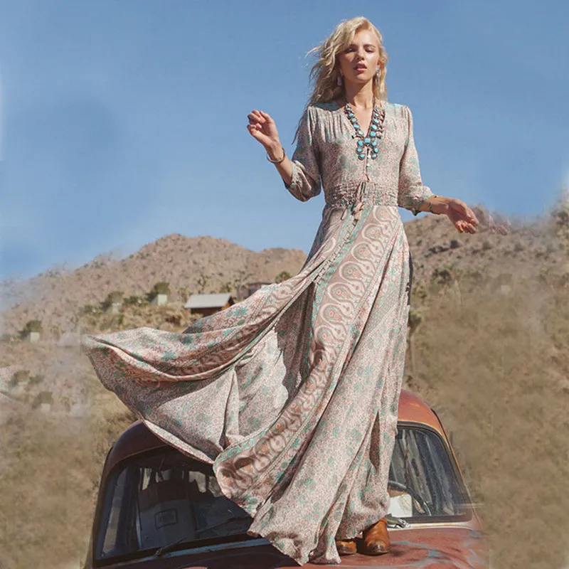 Boho Maxi Dress Floral Chiffon "Blossom" Thin Breezy Turquoise Tan Summer Gown 3/4 Peasant Sleeves Small Medium Large XL Or Plus Size 2X XXL Or 3X XXXL