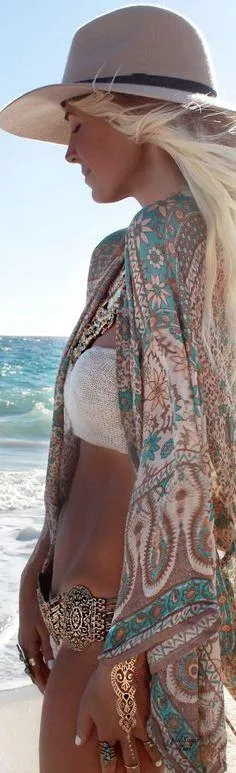 Boho Maxi Kimono Turquoise Tan Floral "Blossom" Full Length Summer Night Wrap Thin Breezy Bohemian Chic Available In Sizes Small Medium Large Or XL