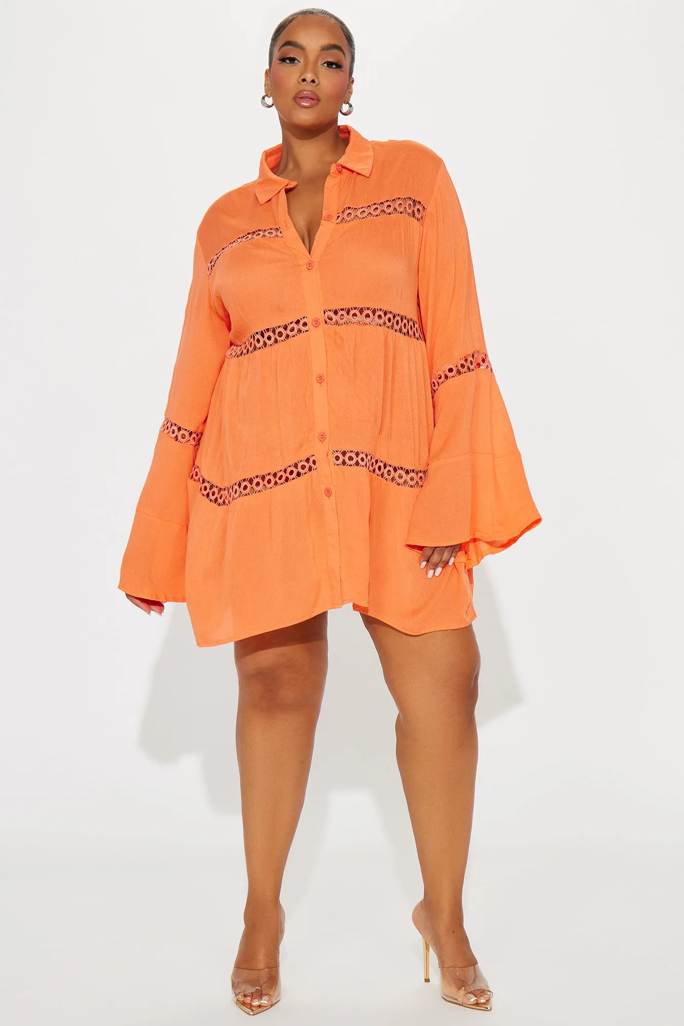 Breezy Paradise Linen Circle Cover Up Shirt Dress - Orange