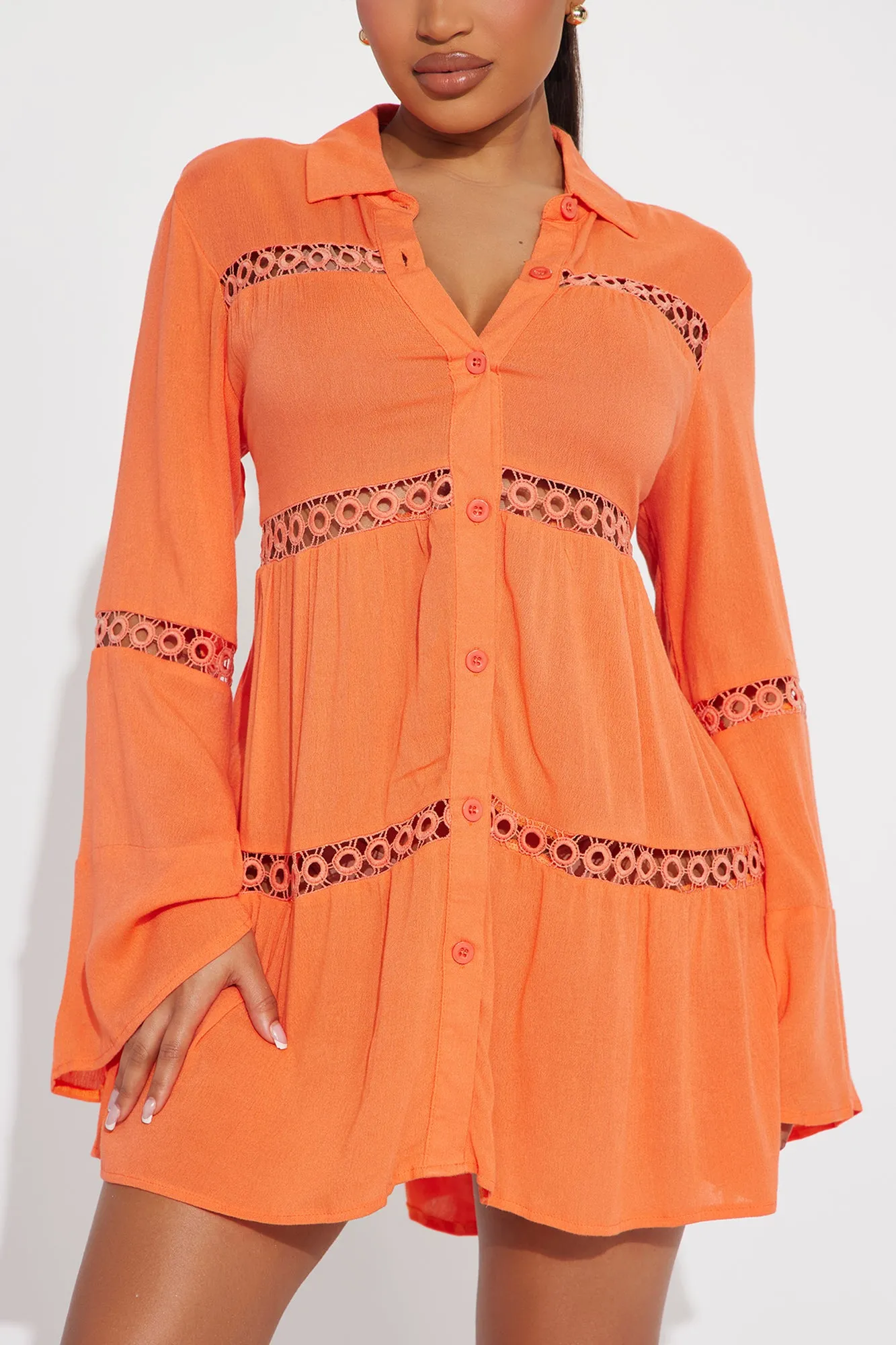 Breezy Paradise Linen Circle Cover Up Shirt Dress - Orange