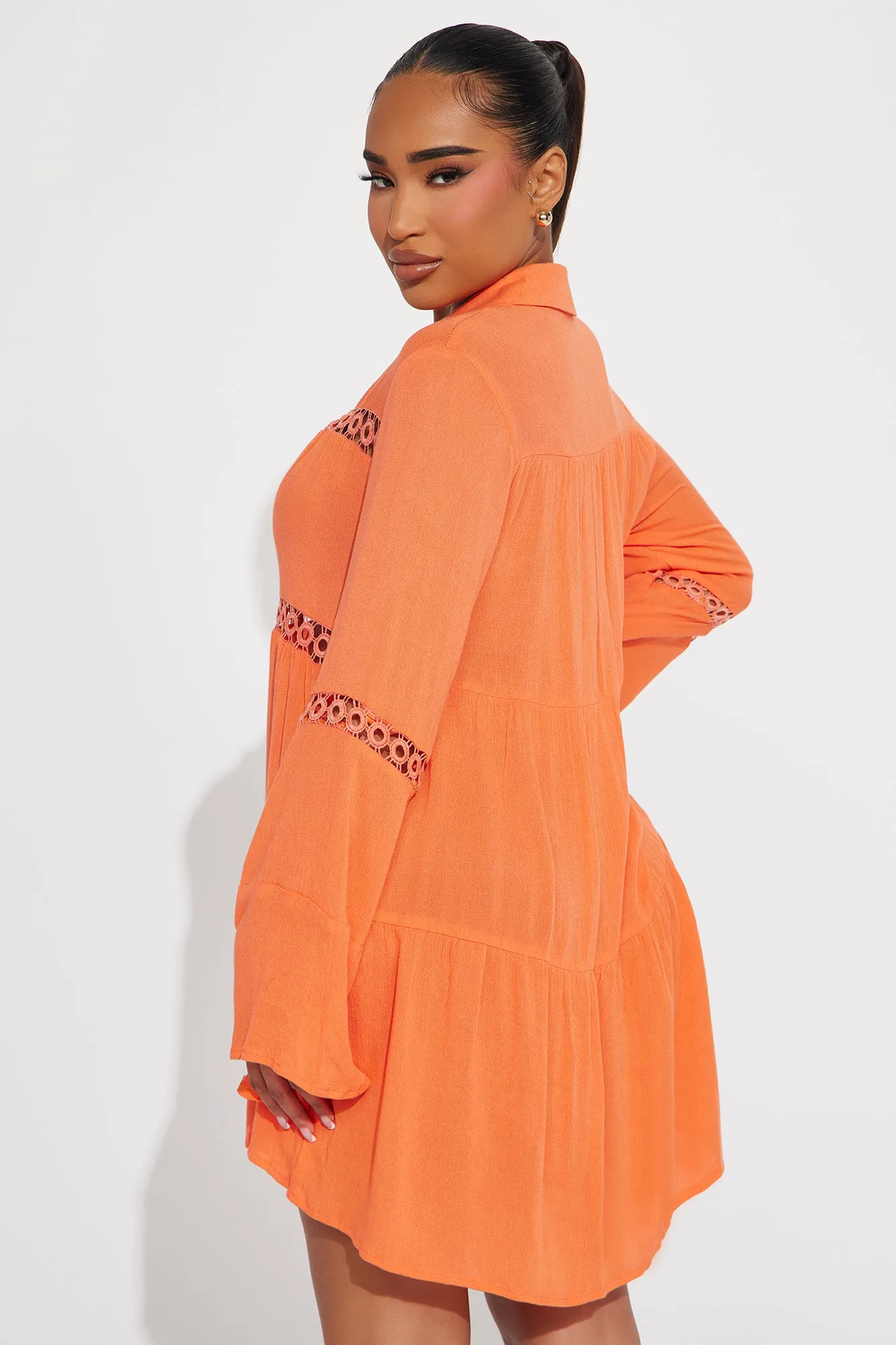 Breezy Paradise Linen Circle Cover Up Shirt Dress - Orange