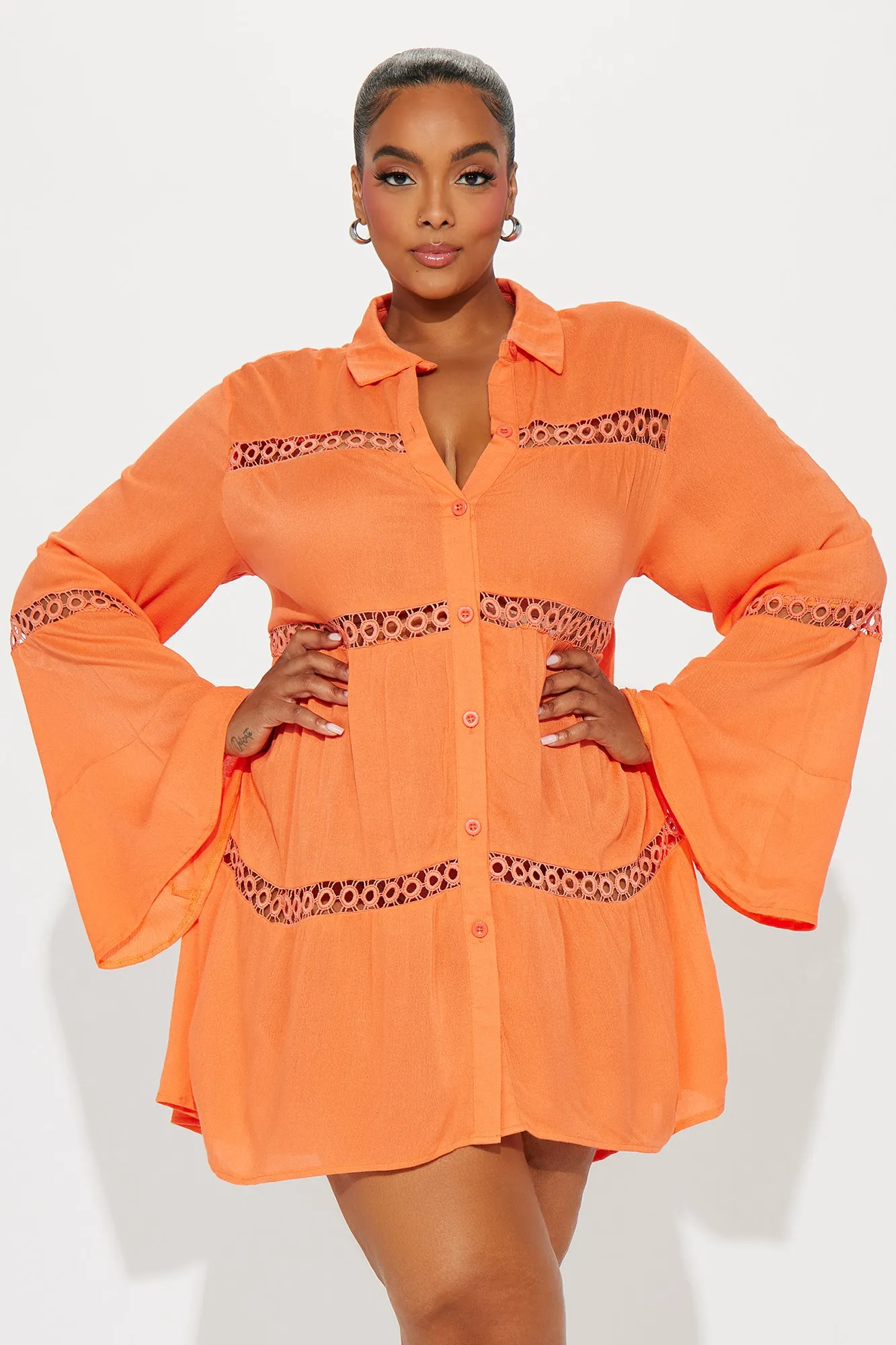 Breezy Paradise Linen Circle Cover Up Shirt Dress - Orange