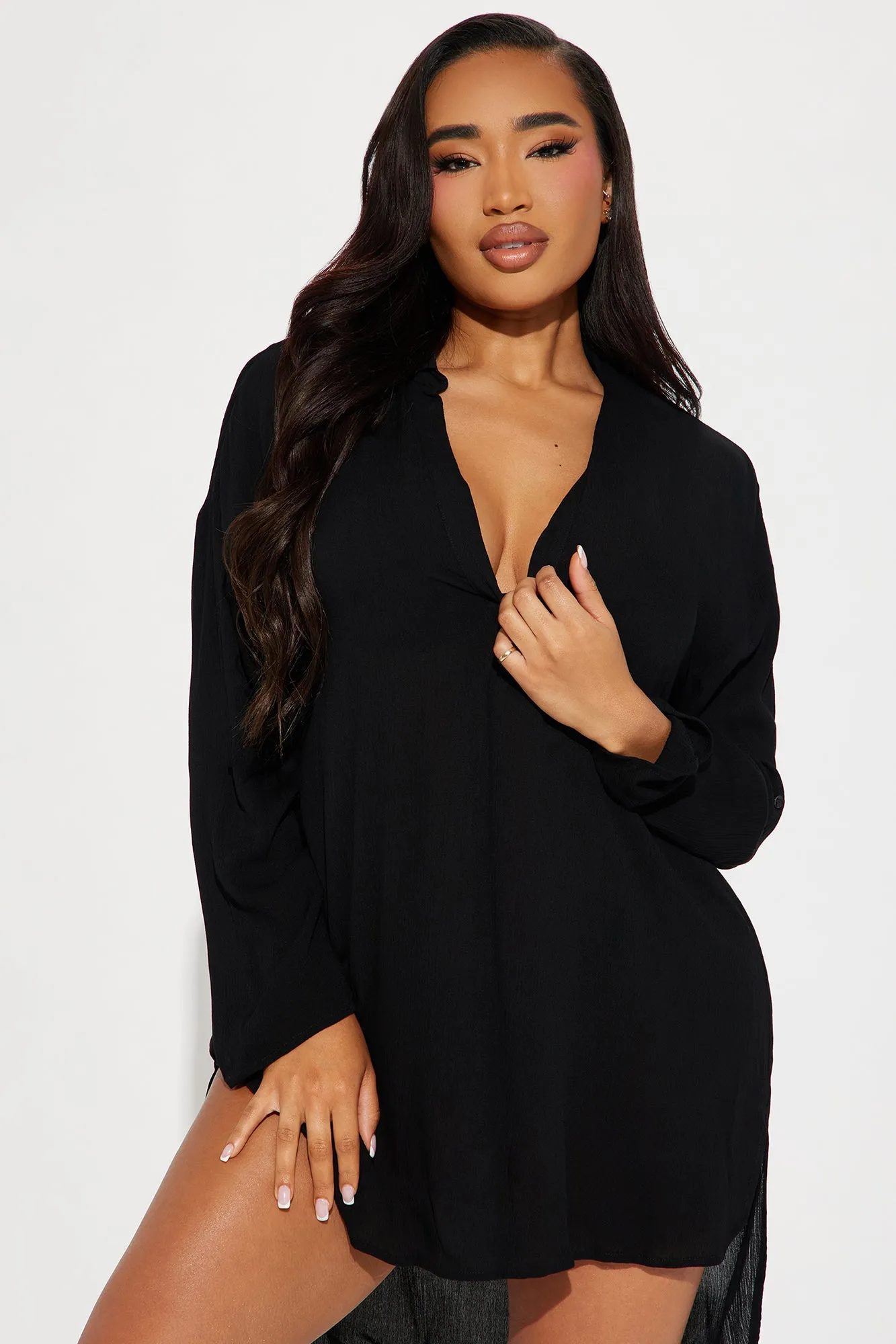 Breezy Paradise Linen Cover Up Dress - Black