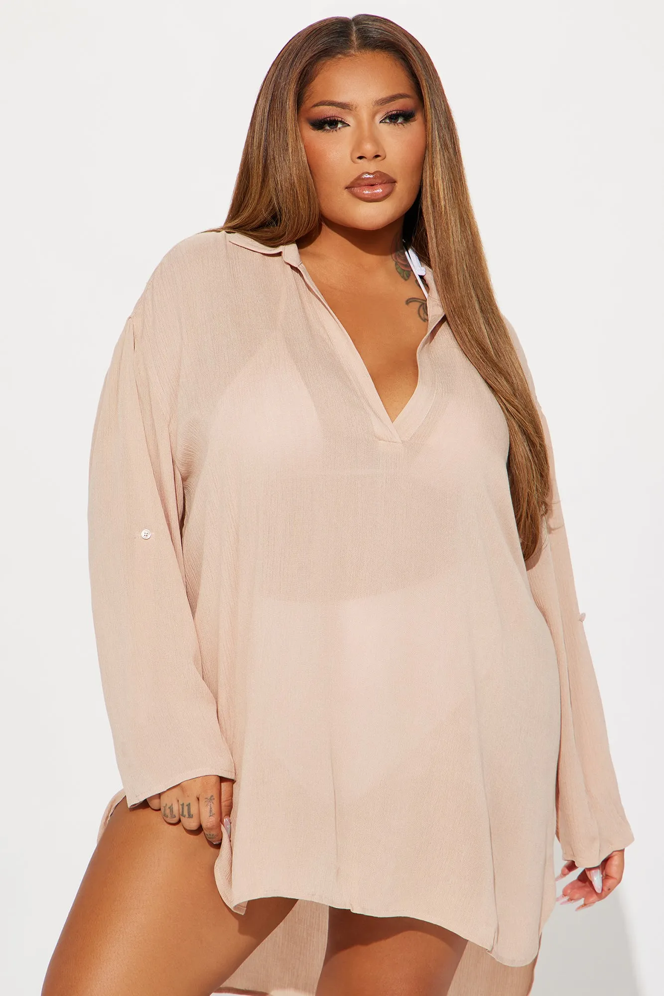 Breezy Paradise Linen Cover Up Dress - Taupe