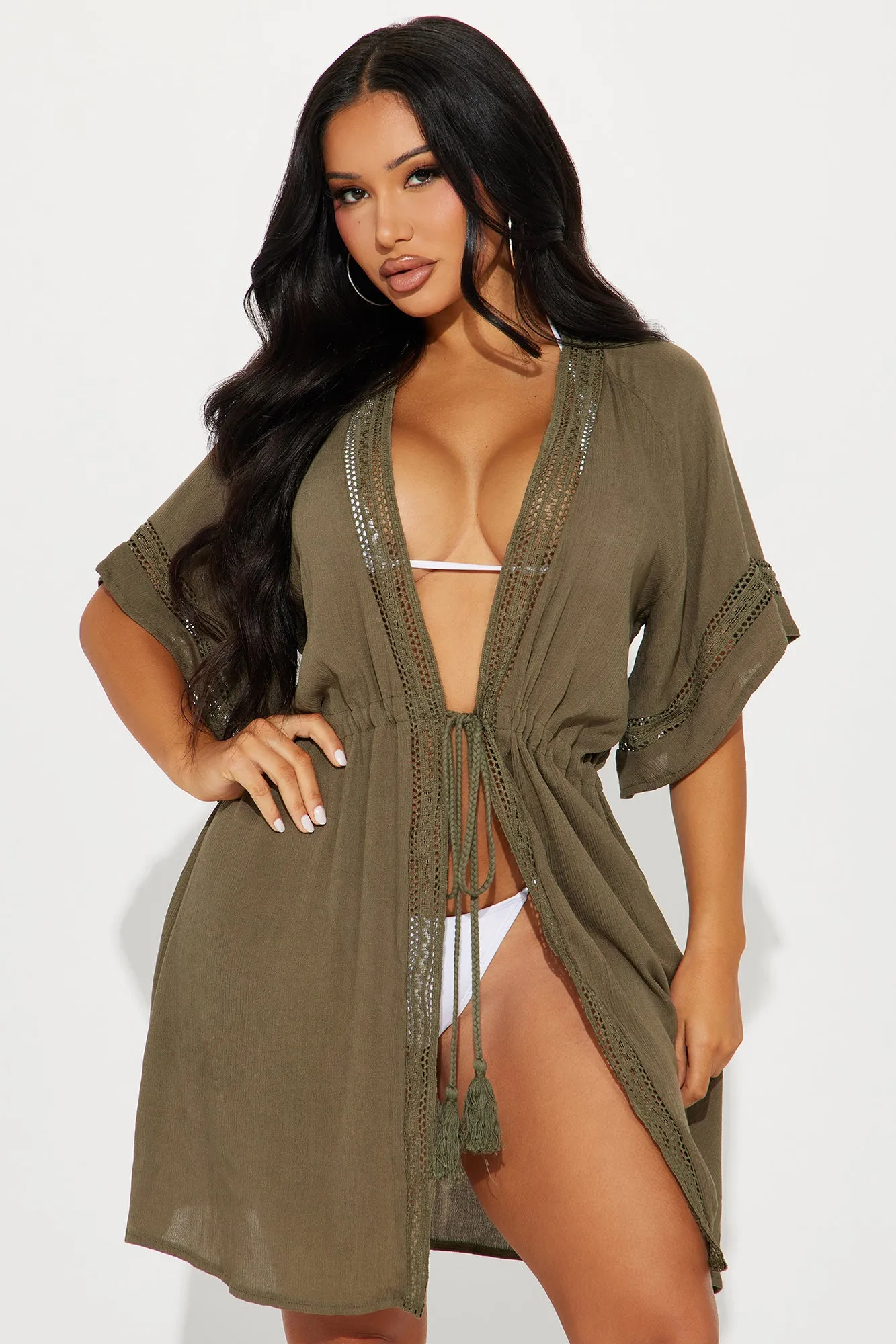 Breezy Paradise Linen Crochet Trim Cover Up Kimono - Olive