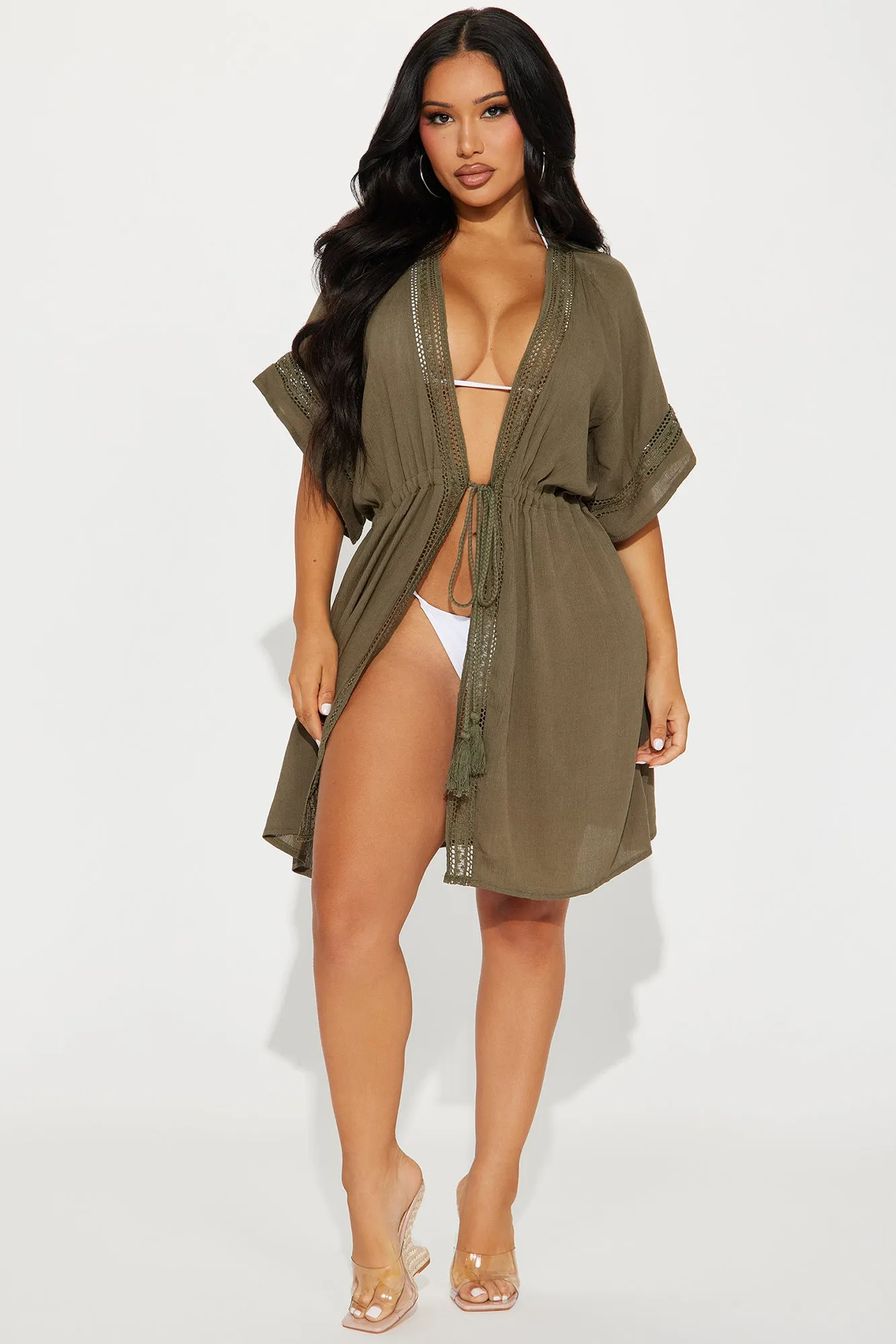 Breezy Paradise Linen Crochet Trim Cover Up Kimono - Olive