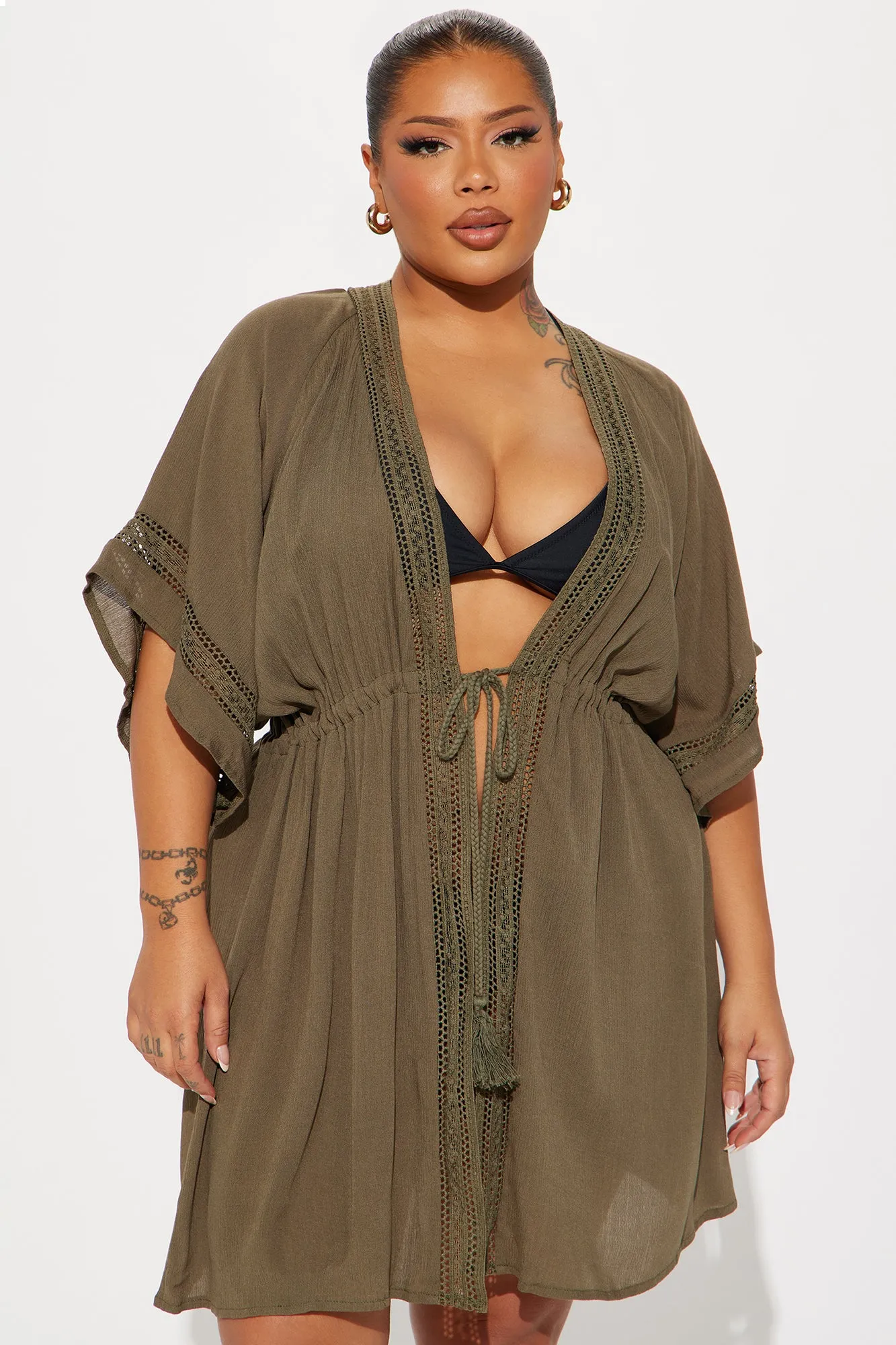 Breezy Paradise Linen Crochet Trim Cover Up Kimono - Olive