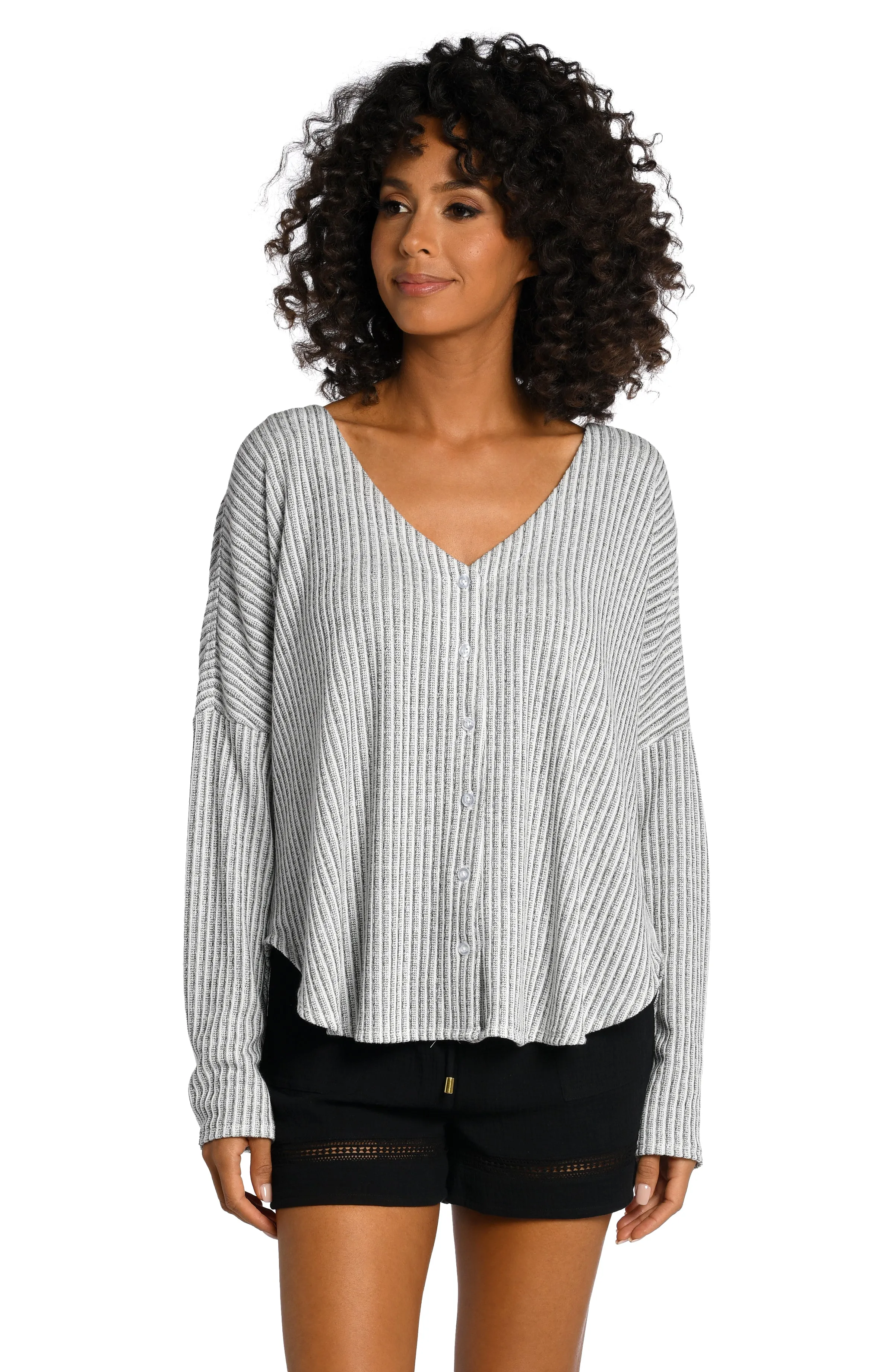 Breezy Stripe V-Neck Button Up Top - FINAL SALE