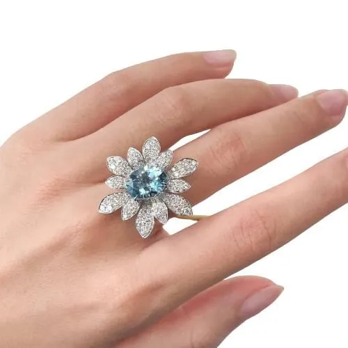 Cute Romantic Sea Blue Aquamarine Flower Ring