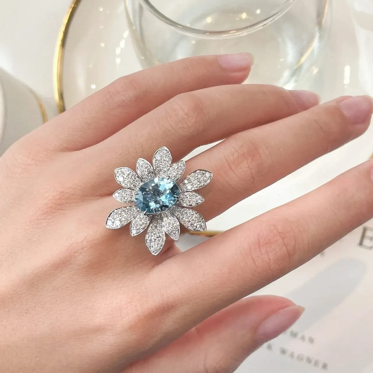 Cute Romantic Sea Blue Aquamarine Flower Ring