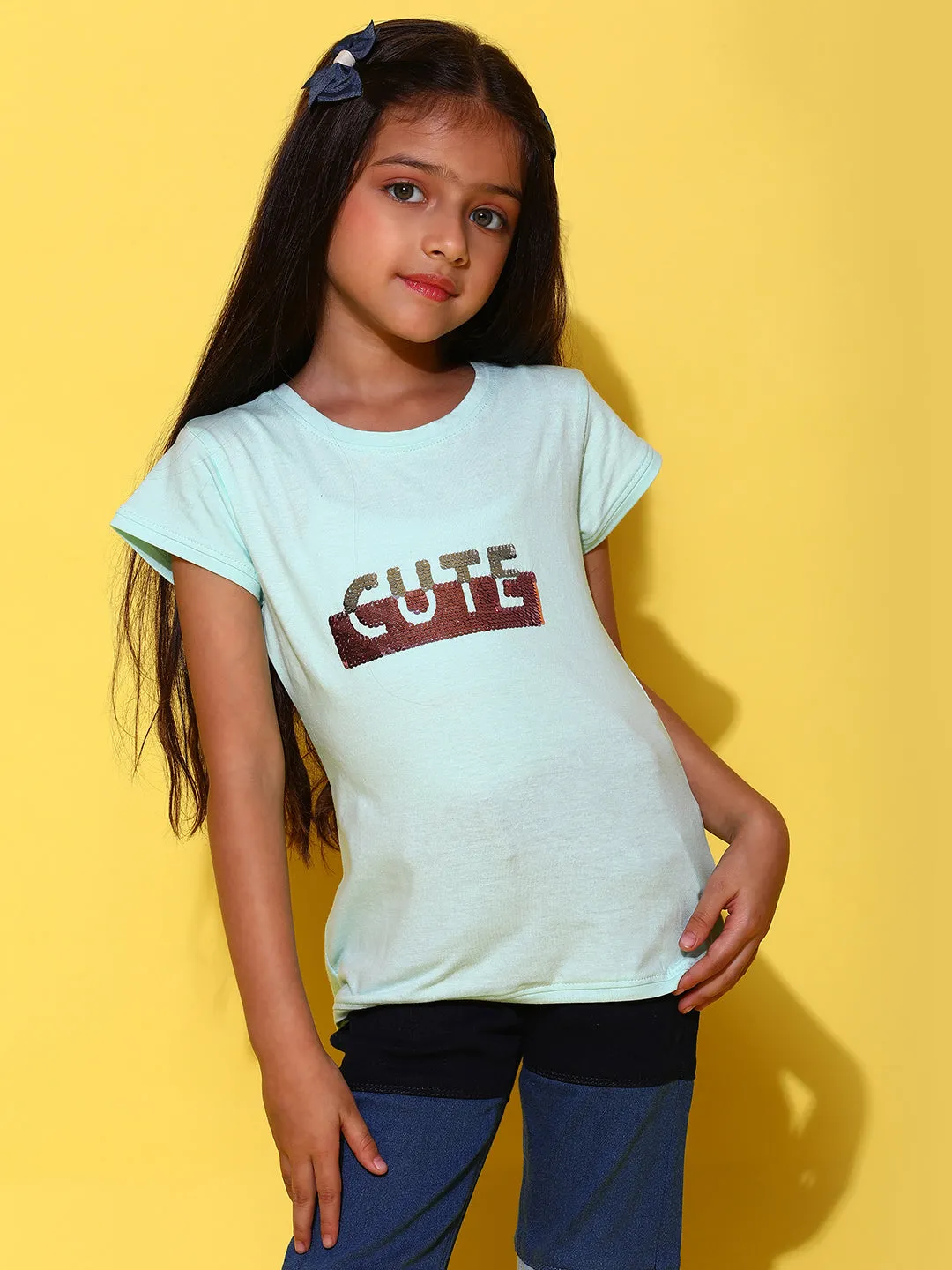 Girls Printed Aqua Cotton Regular Fit T-Shirts