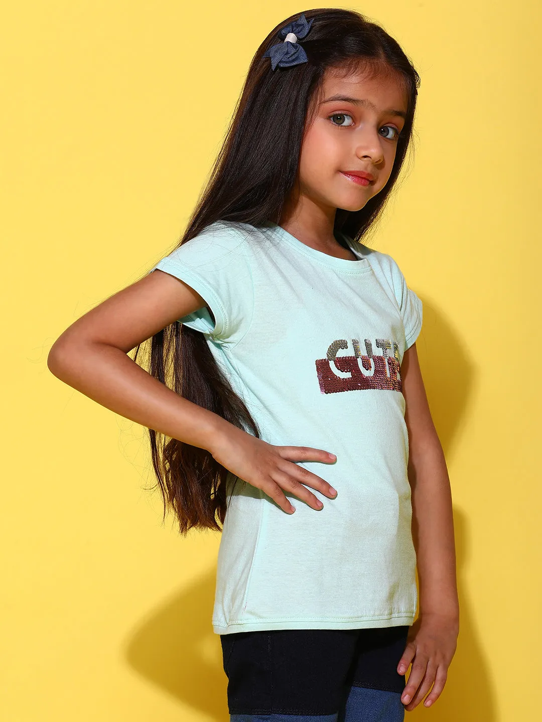 Girls Printed Aqua Cotton Regular Fit T-Shirts