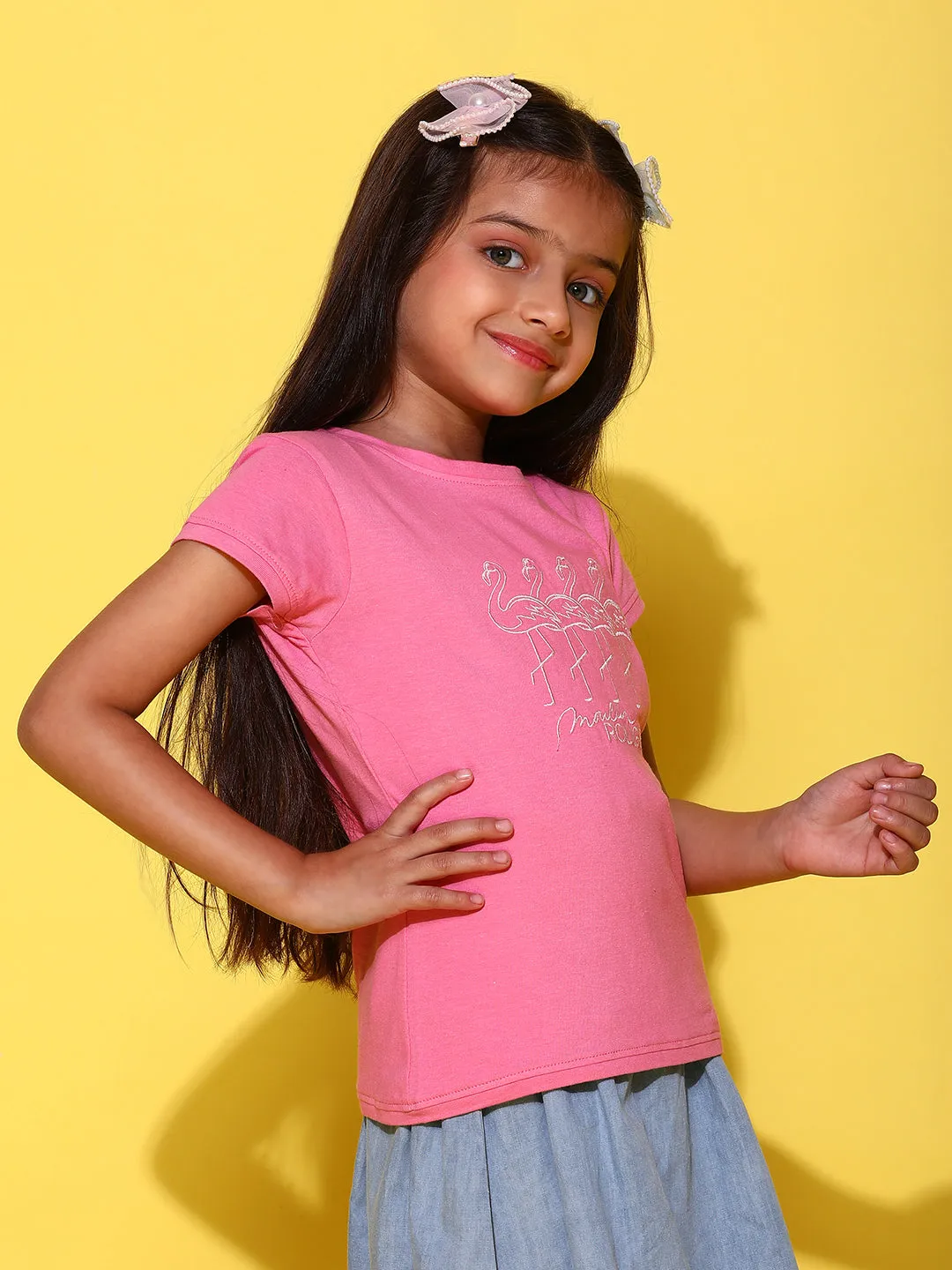 Girls Printed Hot Pink Cotton Regular Fit T-Shirts