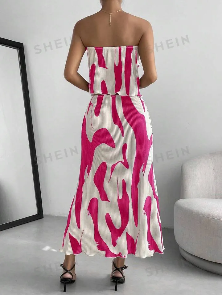 Graphic print tube tope & skirt in pink