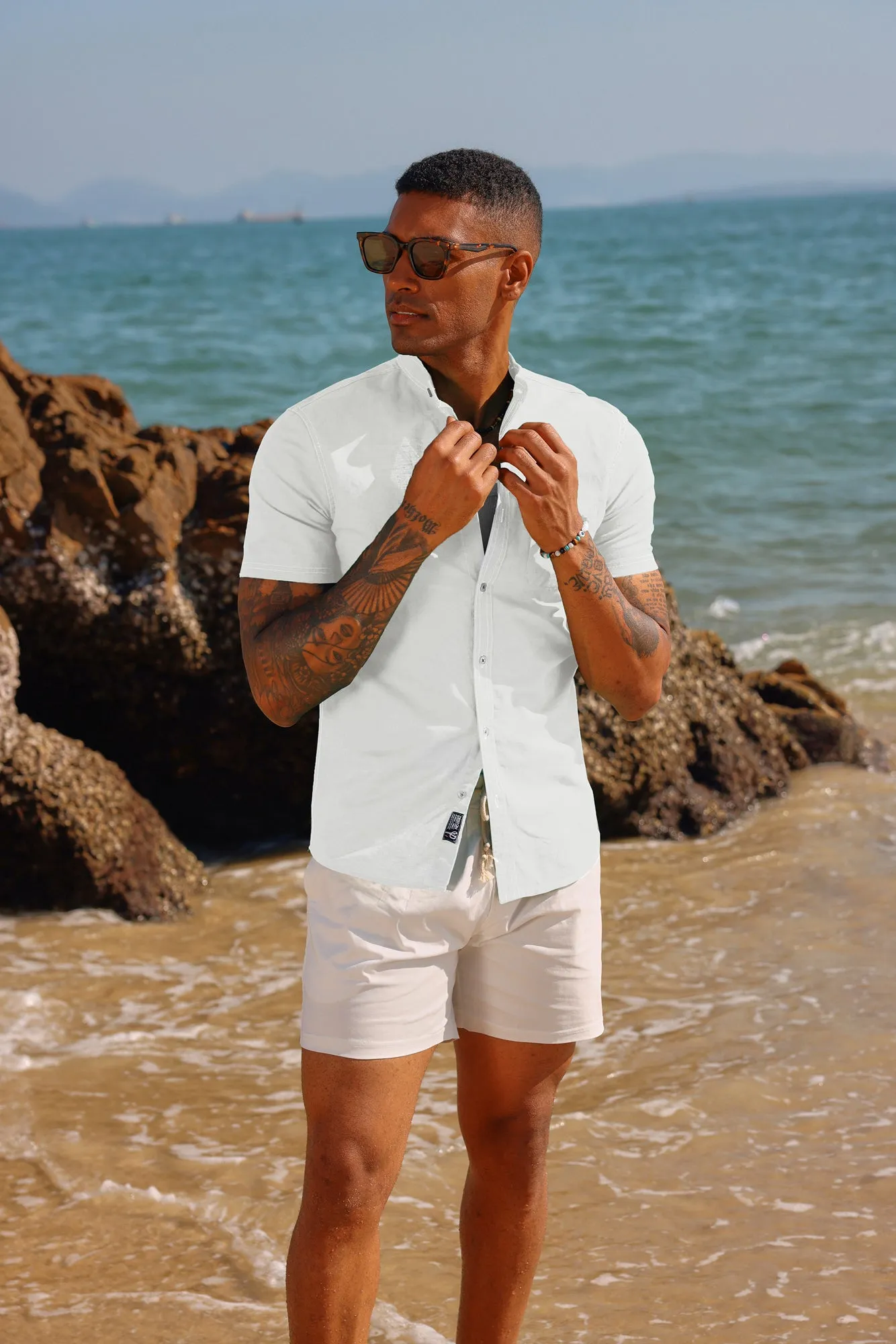 Mens Linen Henley Shirts Band Collar Short Sleeve Hippie Beach Shirts