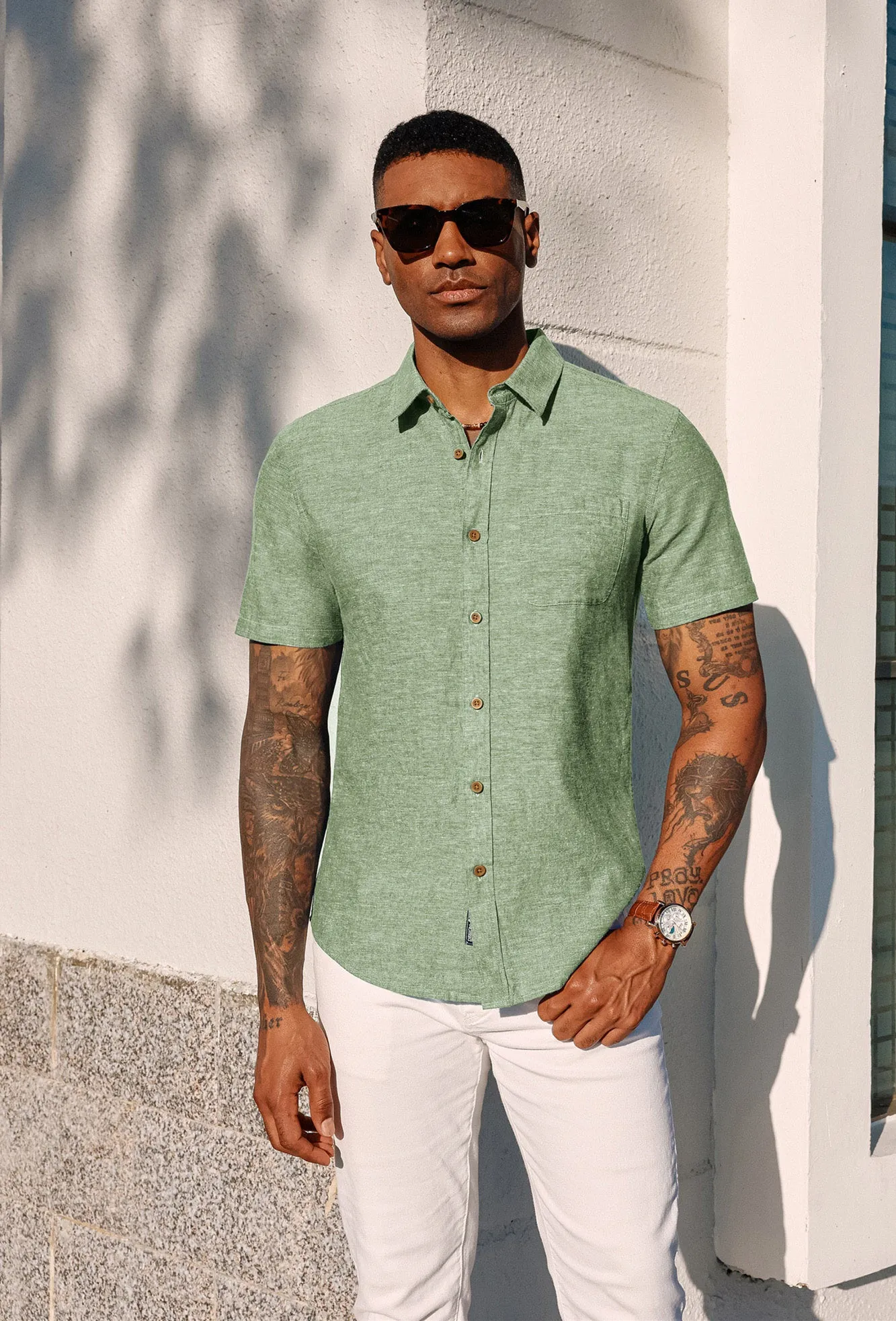 Men's Linen Shirts Short Sleeve Casual Button Down Cardigan Shirts Summer Beach Shirts