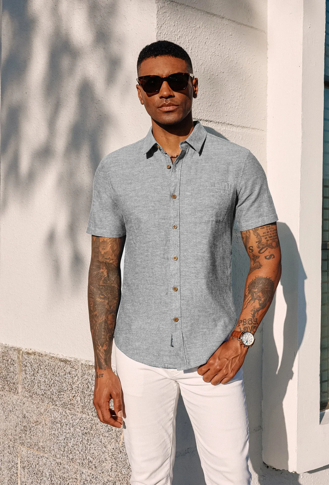 Men's Linen Shirts Short Sleeve Casual Button Down Cardigan Shirts Summer Beach Shirts