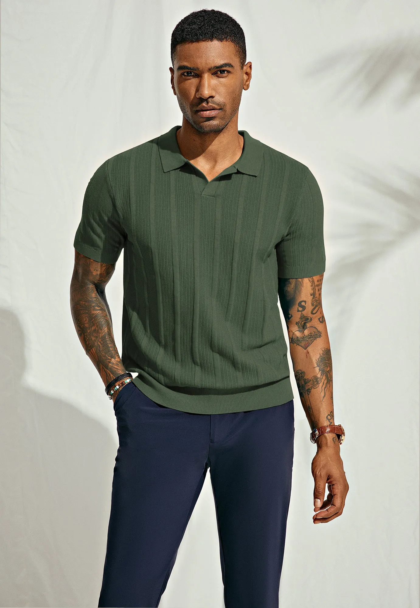 Mens Polo Shirts Textured Knit V-Neck Golf Polo Shirts