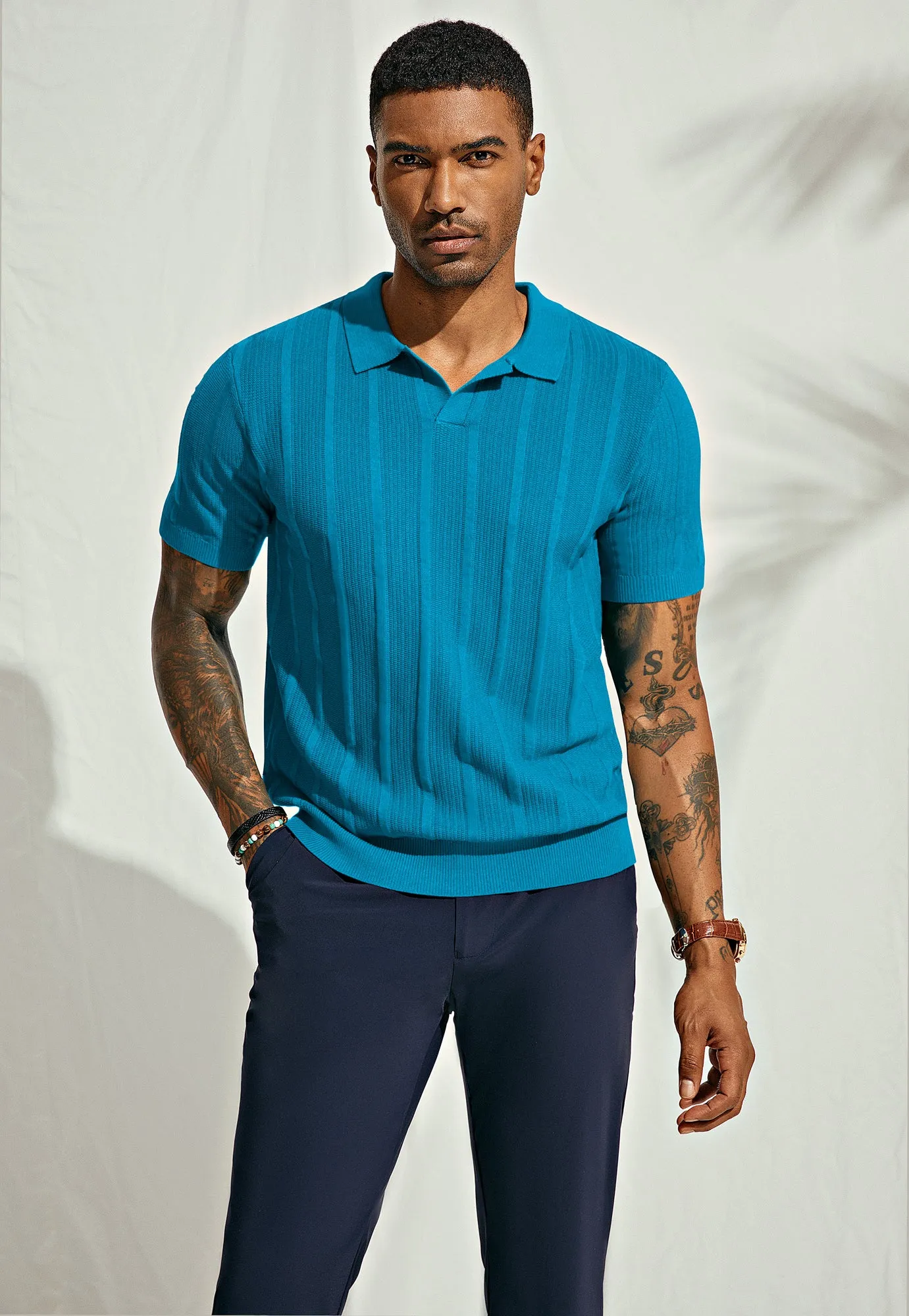 Mens Polo Shirts Textured Knit V-Neck Golf Polo Shirts