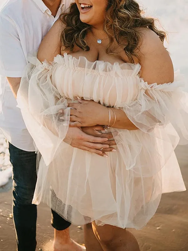 Momnfancy Romantic Cascading Ruffle Off Shoulder Tulle Baby Shower Party Mesh Pricess Pregnant Maternity Mini Dress