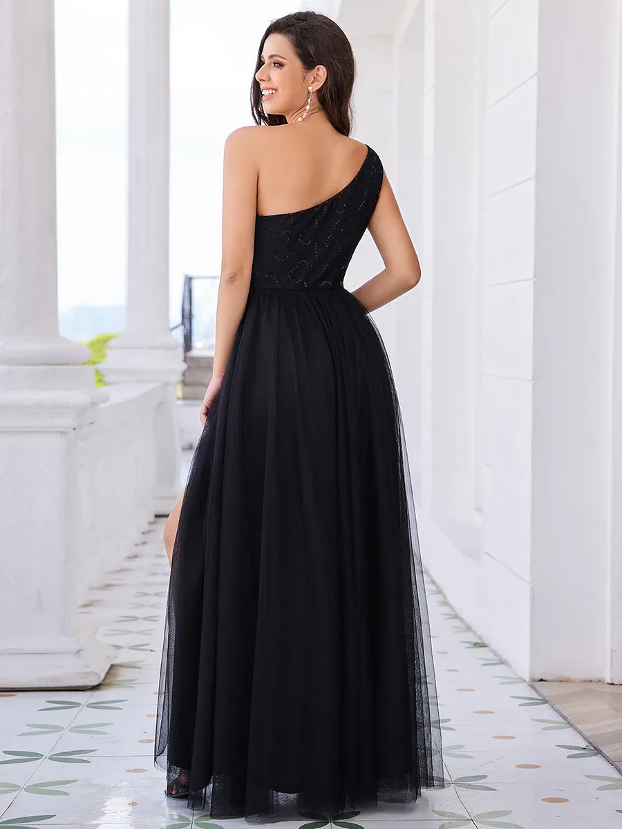 Romantic Asymmetric One Shoulder Side Split A-Line Tulle Dress with Lace Sequin Empire Waist Evening Dress