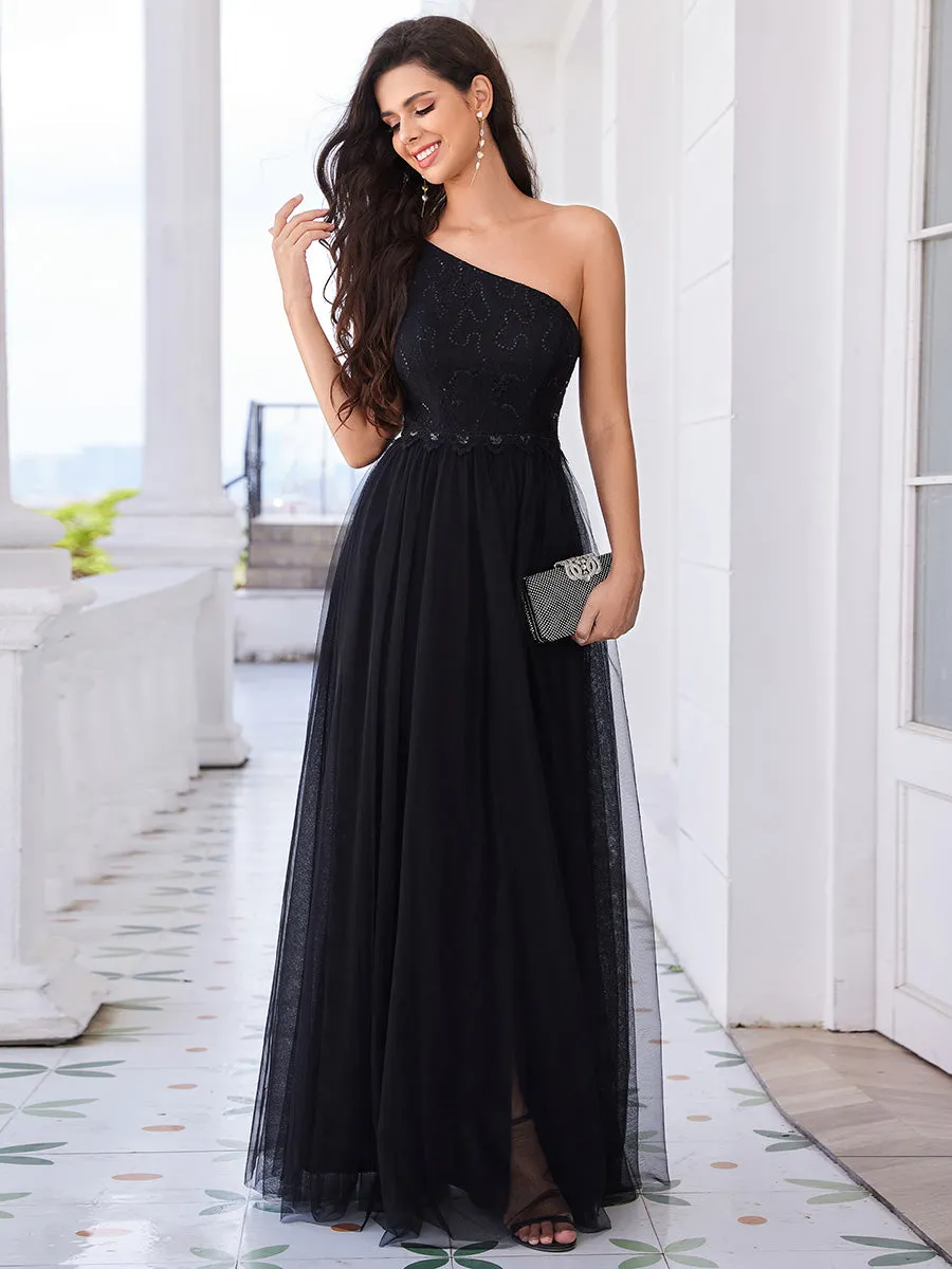 Romantic Asymmetric One Shoulder Side Split A-Line Tulle Dress with Lace Sequin Empire Waist Evening Dress