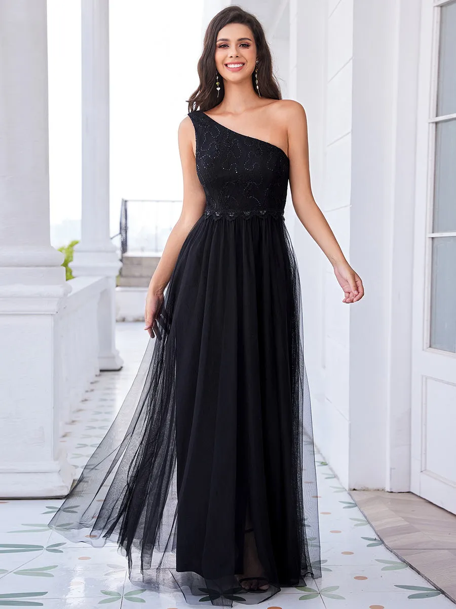 Romantic Asymmetric One Shoulder Side Split A-Line Tulle Dress with Lace Sequin Empire Waist Evening Dress