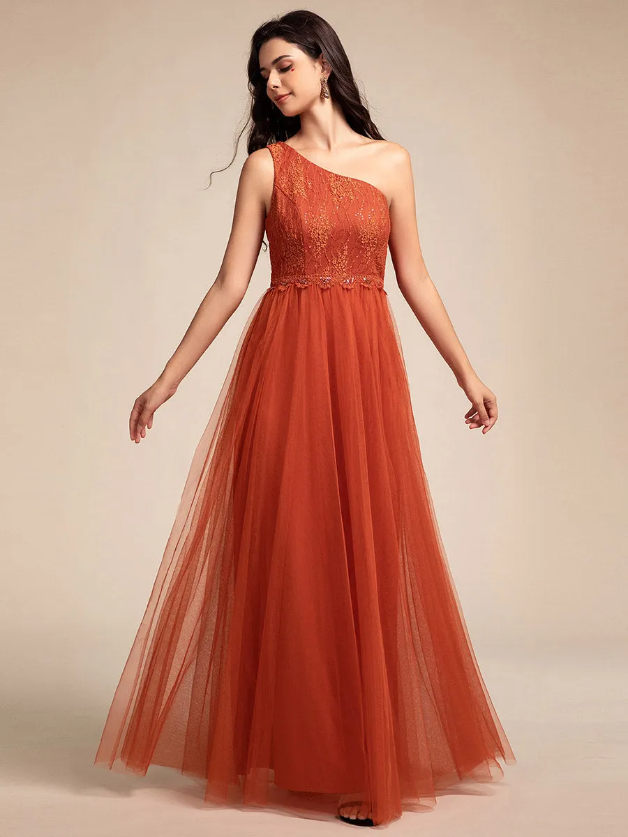 Romantic Asymmetric One Shoulder Side Split A-Line Tulle Dress with Lace Sequin Empire Waist Evening Dress