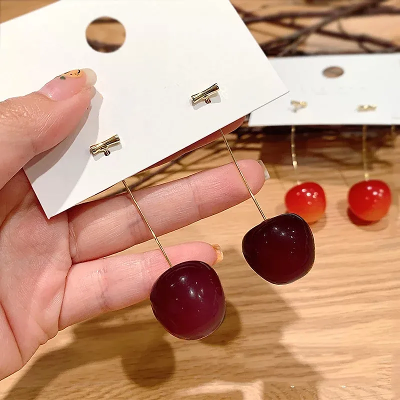 Romantic Cute Wine Red and Yellow Cherry Stud Drop Earrings