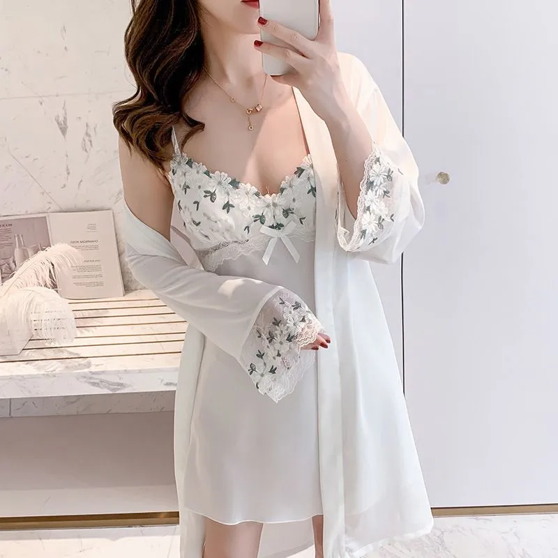 Romantic Night Two Pieces Satin Nightgown Pajamas Robe Sleepwear Set