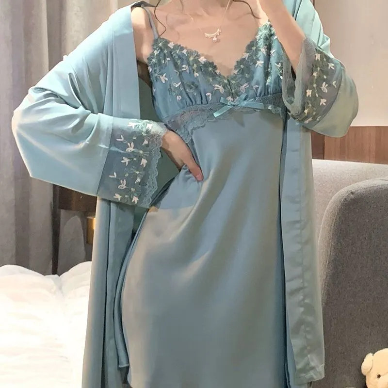 Romantic Night Two Pieces Satin Nightgown Pajamas Robe Sleepwear Set