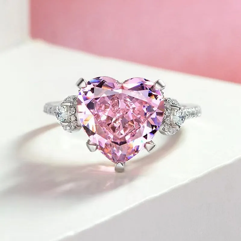 Romantic Pink Gemstone Heart Cut Sterling Silver Engagement Ring