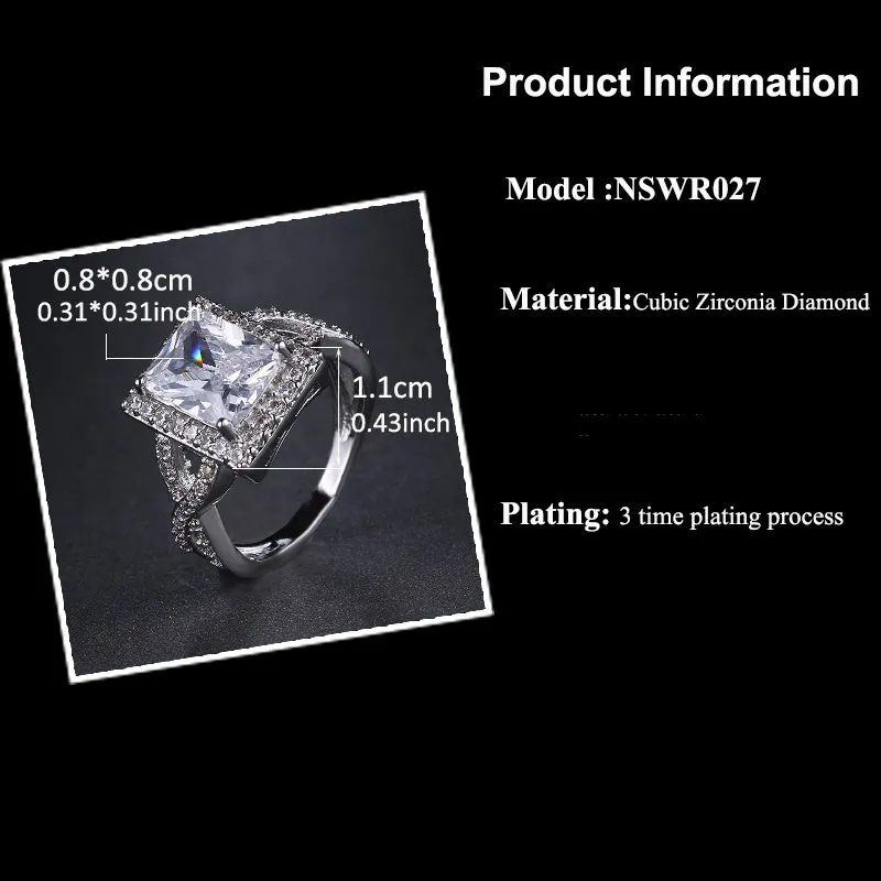 Romantic Platinum plated Square CZ Crystal Statement Ring