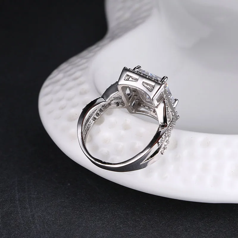 Romantic Platinum plated Square CZ Crystal Statement Ring