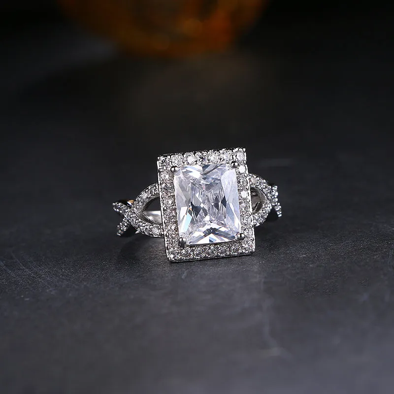 Romantic Platinum plated Square CZ Crystal Statement Ring