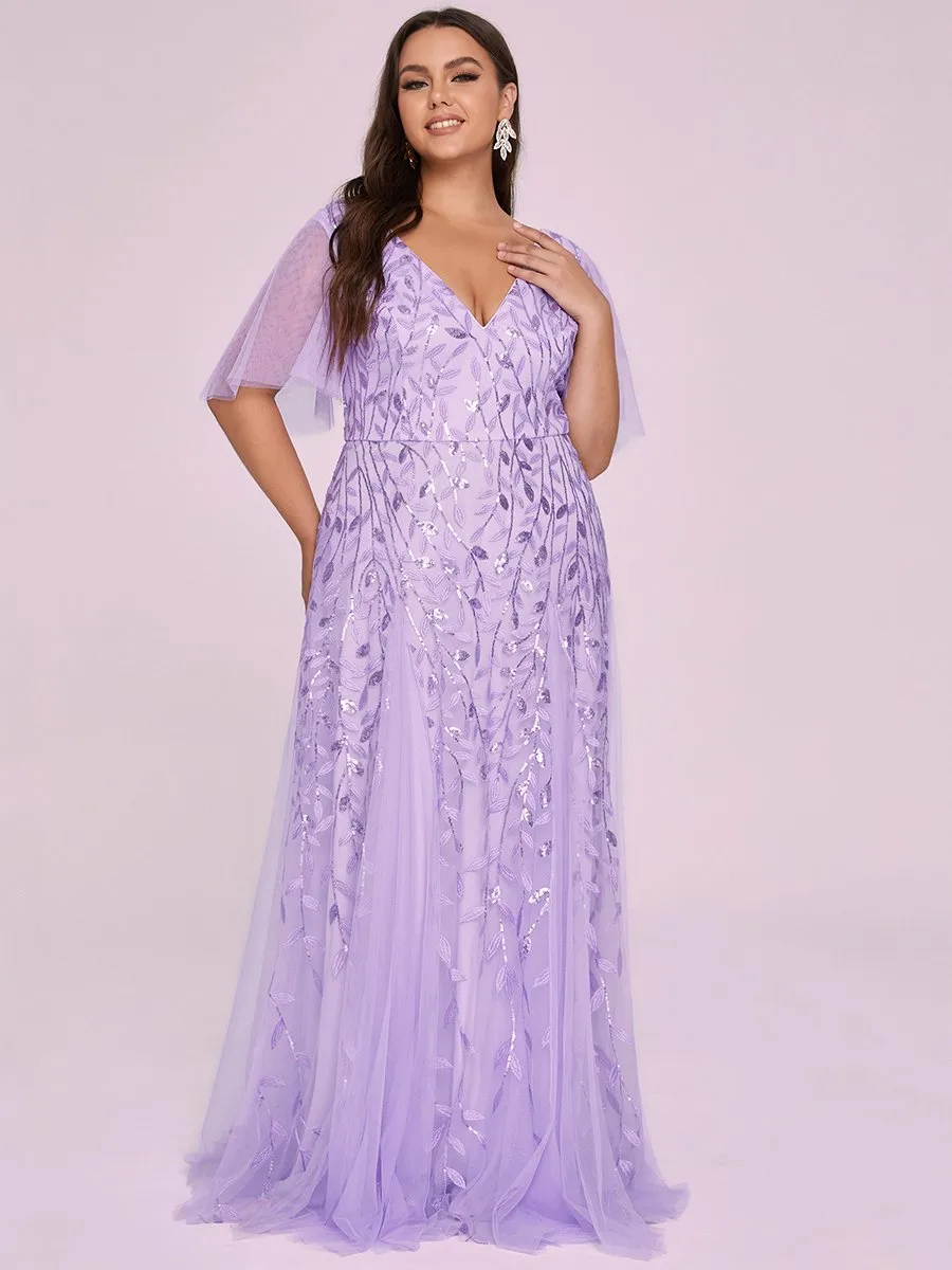 Romantic Shimmery V Neck Ruffle Sleeves Maxi Long Evening Gowns