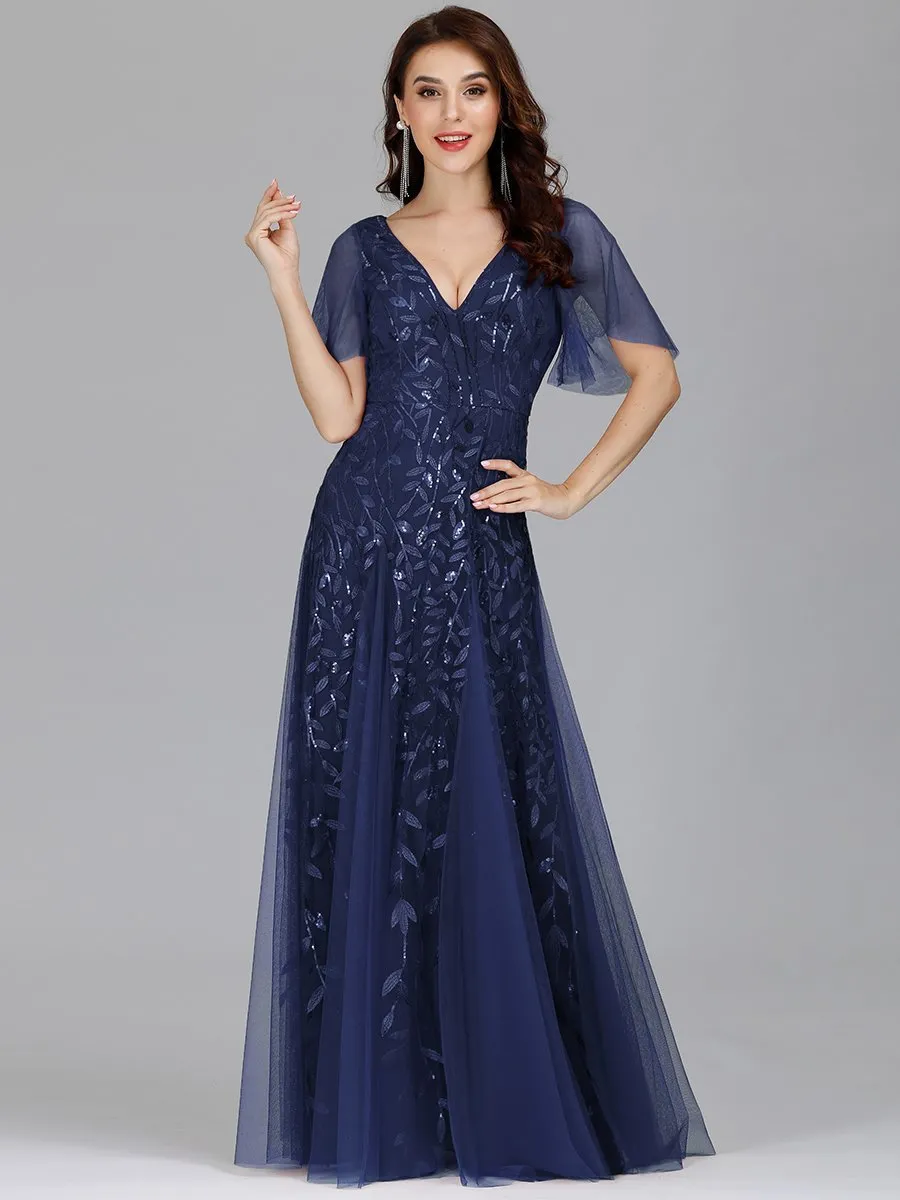 Romantic Shimmery V Neck Ruffle Sleeves Maxi Long Evening Gowns