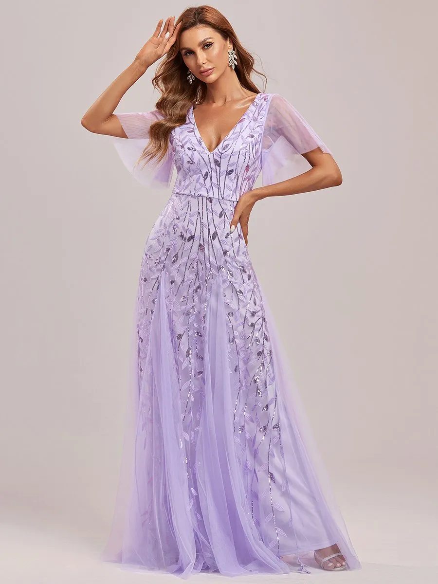 Romantic Shimmery V Neck Ruffle Sleeves Maxi Long Evening Gowns