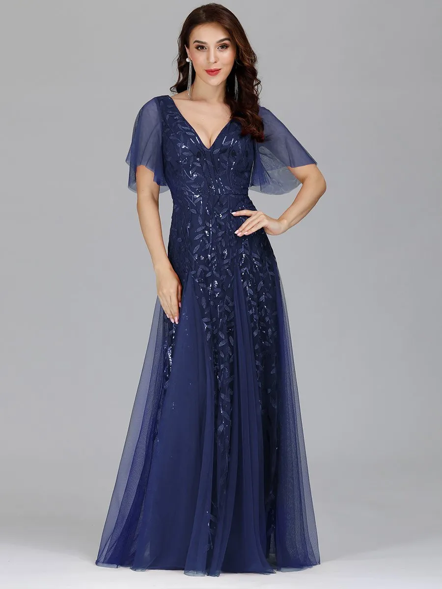 Romantic Shimmery V Neck Ruffle Sleeves Maxi Long Evening Gowns