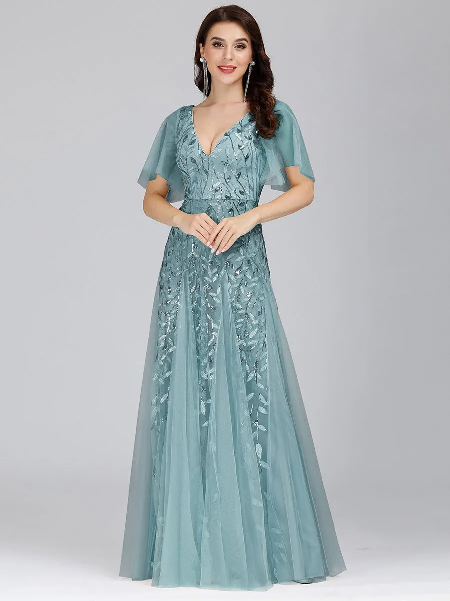 Romantic Shimmery V Neck Ruffle Sleeves Maxi Long Evening Gowns