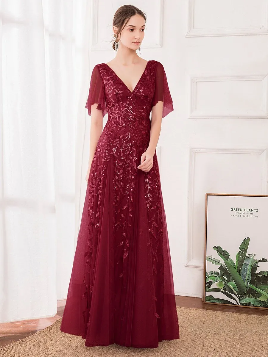 Romantic Shimmery V Neck Ruffle Sleeves Maxi Long Evening Gowns