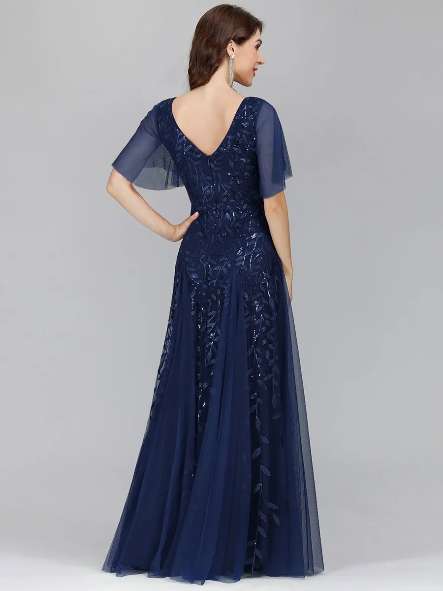 Romantic Shimmery V Neck Ruffle Sleeves Maxi Long Evening Gowns